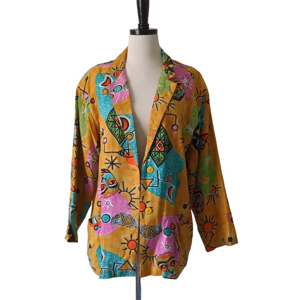 VTG Passports Pier 1 Imports Blazer Womens S Jacket Yellow Funky Abstract Artsy